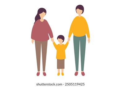 A flat vector illustration of two women holding hands with their son