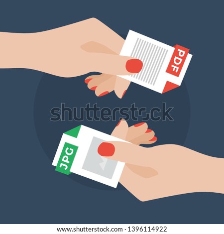 Flat Vector Illustration of Two Women Hands Exchanging File Formats. Hands Converting Different Formats. Convert PDF to JPG. File Format Conversion. Flat Icons