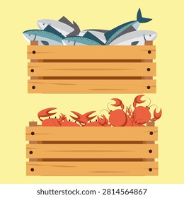 Flat vector illustration of two wooden crates, one filled with fresh whole fish and the other with red crabs, ideal for seafood or fish market themed designs.