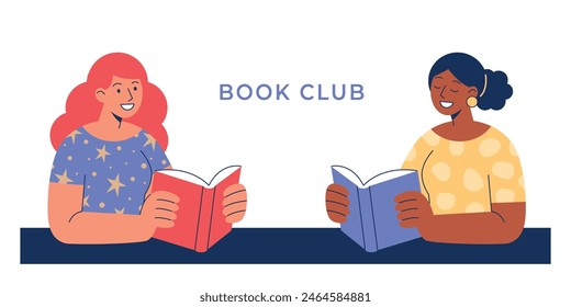 Ilustración vectorial plana con dos mujeres jóvenes de diferentes razas discutiendo libros. Club de lectura, estudio de estudiantes, lectura en un concepto de Biblioteca. Diseño para Anuncio de Web, redes sociales, publicidad. 