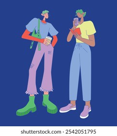 Flat vector illustration of two young women holding coffee and a book. Casual clothing, relaxed atmosphere, unique hairstyles, modern style. Cheerful interaction, minimalist design, vibrant colors.