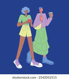 Ilustração de vetor plano de duas jovens mulheres caminhando com café. Estilo casual, cores vibrantes, roupas exclusivas. Humor relaxado, expressões alegres, aparência moderna. Sapatos confortáveis, moda criativa.