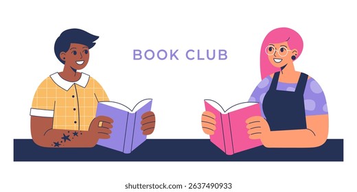 Flat vector illustration of two young women of different races discussing books. Book club, hobby reading, study in a library concept. Design for web banner, advertising, social media.