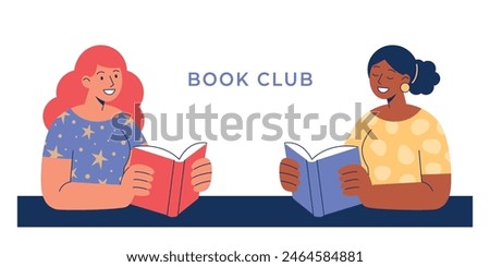 Flat vector illustration with two young women of different races discussing books. Book club, students study, reading in a library concept. Design for web banner, social media, advertising. 