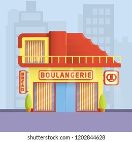 Flat Vector Illustration. Two-storey building with large windows and sliding glass doors. The inscription in French - Bakery. Plants in front of the entrance. The symbol of pretzel.