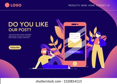 Flat vector illustration for ui ux web design with text and button. E-mail subscribe. People next to the smartphone with the letter on the screen