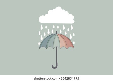 Flat vector illustration of umbrella with falling water drops, simple pastel background with rainy weather theme, suitable for kids illustrations and wall prints

