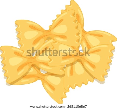 Flat vector illustration of uncooked farfalle bow tie pasta, arranged in an overlapping composition with soft shadows and warm yellow tones