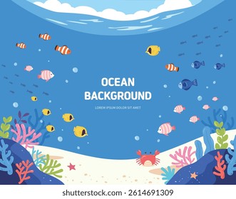 Flat Vector Illustration of an Underwater Scene with Tropical Fish, Seaweed, and Rocks