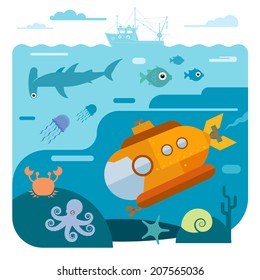 Flat vector illustration of underwater sea life. Illustration of submarine diving and exploring sea animals - shark, octopus, crab, starfish. 