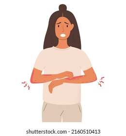 Ilustración vectorial plana de una infeliz mujer sufriendo rascando la piel de su mano. Diversos problemas cutáneos, como alergias, psoriasis, picor, dermatitis atópica, eccema, sequedad, enrojecimiento.