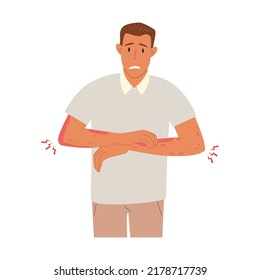 Ilustración vectorial plana de un infelices hombre sufriendo rascando la piel de su mano. Diversos problemas cutáneos, como alergias, psoriasis, picor, dermatitis atópica, eccema, sequedad, enrojecimiento.