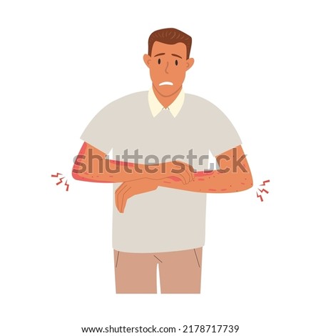 Flat vector illustration of an unhappy suffering man scratching the skin on her hand. Various skin problems, such as allergies, psoriasis, itching, atopic dermatitis, eczema, dryness, redness.