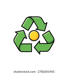 A flat vector illustration of the universal recycling symbol featuring three green arrows in a triangular loop surrounding a solid yellow circle representing eco-friendly concepts.