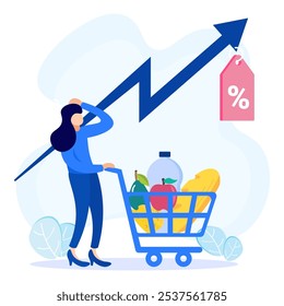 Flat vector illustration of unstable business and economy with financial problems and market fall forecast. Inflation and rising prices after growth in the value of money, economic crisis concept.