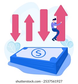 Flat vector illustration of unstable business and economy with financial problems and market fall forecast. Inflation and rising prices after growth in the value of money, economic crisis concept.