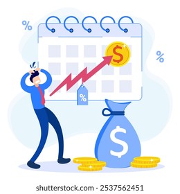 Ilustración vectorial plana de negocios y economía inestables con problemas financieros y pronóstico de caída del mercado. Inflación y aumento de los Precios tras el crecimiento del valor del dinero, concepto de crisis económica.