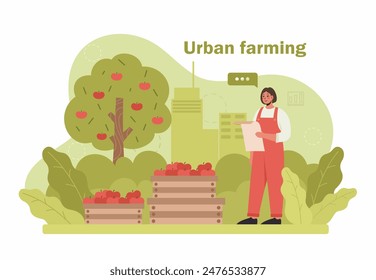 Flat vector illustration. Urban farmer watering indoor plants. Urban farming concept.