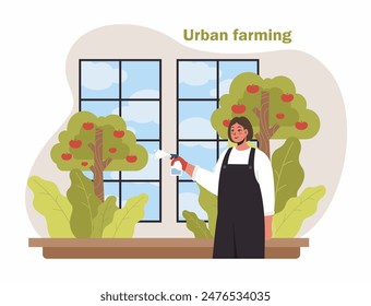 Flat vector illustration. Urban farmer watering indoor plants.