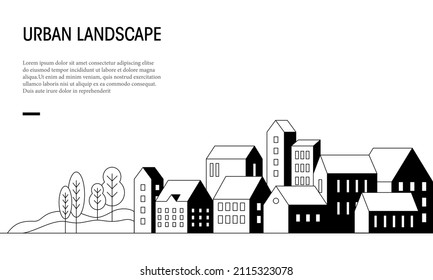 Flat vector illustration of urban landscape view in outline style. Suitable for design element of design element of real estate promotional background, city skyline, and village tourism.