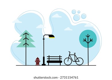 Flat vector illustration of an urban park scene featuring bicycle, bench, trees, street lamp, and fire hydrant.