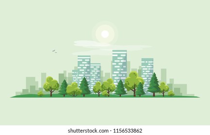 Flat vector illustration of urban road landscape street with city office house buildings and green trees on skyline background in cartoon style.