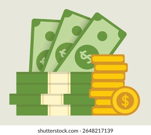 Flat vector illustration of US dollar currency notes and stacked gold coins on a solid background