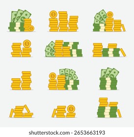 Ilustração de vetor plano de pilhas de dólares, moedas e pacotes de dinheiro, perfeito para finanças, riqueza, bancário e conceitos de investimento