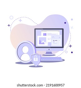 Flat vector illustration of user protection, account secure, safe payments, online wallet app and authentication concept. Avatar icon, computer and shield with lock on abstract gradient background.