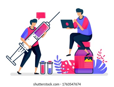 Flat vector illustration of vaccines and liquid medicines for patients, hospitals and public health. Design for healthcare. Can be used for landing page, website, web, mobile apps, posters, flyers
