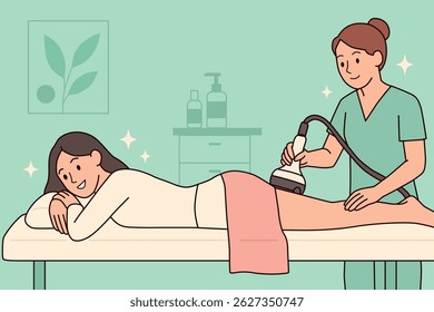 Flat vector illustration of vacuum roller massage session in a spa. Ideal for beauty, wellness, or cosmetology content. Perfect for web, brochures, or promotions targeting self-care and aesthetics