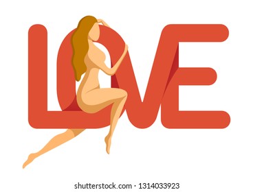 Flat Vector Illustration for Valentine's Day. The word Love, composed of intertwined letters. A woman sits in the letter O