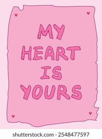 Flat, vector illustration of a Valentine's Day card with a simple design. The card features hearts and a soft pink background. Handwritten-style text and minimalistic accents evoke warmth and