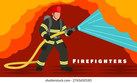 Flat Vector Illustration of a valiant firefighter battling intense raging flames with high-pressure water stream and tactical protective gear. International Firefighters Day, May 4th
