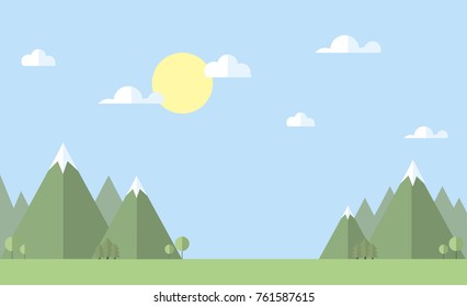 flat vector illustration of valley,mountains and sunny sky. spring and summer landscape