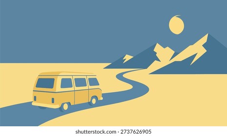 Flat vector illustration of a van driving on a winding road toward mountains under the sun. Ideal for road trip, travel, and adventure concepts.