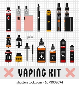 Flat vector illustration of a vaping kit with bottles, vapes and equipment.