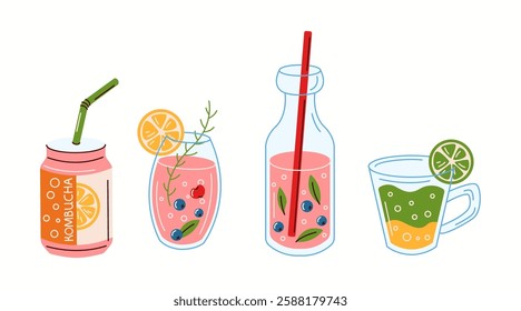 Flat vector illustration of a variety of kombucha drinks in different glasses, cans, and bottles, featuring fresh fruit and natural ingredients.