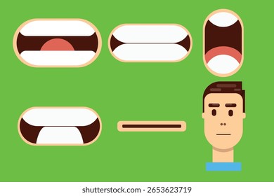 Ilustração vetorial plana de vários desenhos animados em forma de boca para sincronização labial, animação falante e gráficos de movimento. Ideal para design de personagens, vídeos explicativos e projetos multimídia.