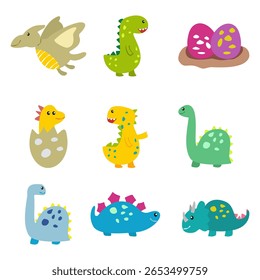 Flat vector illustration of various cute dinosaurs in playful poses. Perfect for kids' designs, posters, stickers, and educational materials