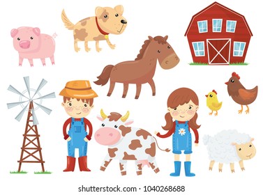 Flat vector illustration of various domestic animals livestock, birds, kids in blue working overalls, wind pump, wooden barn. Farm theme. Set of cartoon icons