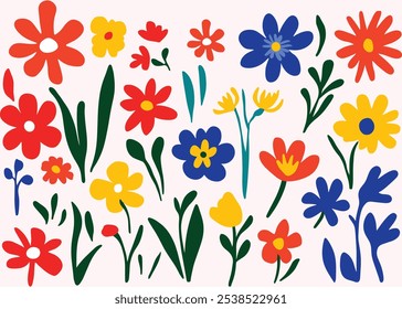 flat vector illustration of various flowers in the style of Matisse, flat vector clip art on a white background, with simple shapes and bright colors