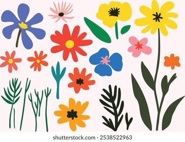 Ilustración vectorial plana de varias flores en el estilo de Matisse, arte de Clip de Vector plano sobre un fondo blanco, con Formas simples y colores brillantes