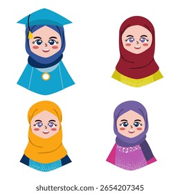 Ilustração vetor plana de vários avatares de menina hijabi com diferentes estilos e expressões. Ideal para ícones de perfil, uso educacional e design de caracteres