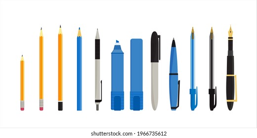 Flat vector illustration of various pens, pencils, markers and highlighters. Isolated on white background.