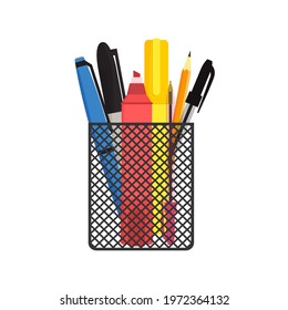 Flat vector illustration of various pens, pencils and scissors in black mesh pen holder. Isolated on white background.