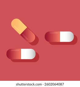 A flat vector illustration of various pills and capsules in different colors, placed on a red background with a long shadow effect