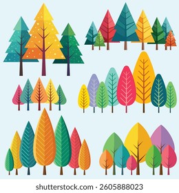 A flat vector illustration of various stylized, colorful trees in different shapes and colors, arranged in groups on a light blue background, evoking a whimsical forest scene.