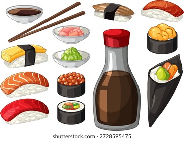 Ilustração vetor plana de vários tipos de sushi, garrafa de molho de soja, wasabi, gengibre e pauzinhos