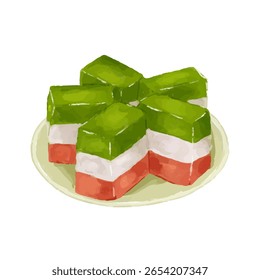 Ilustração vetorial plana de vários bolos em camadas tradicionais indonésios "kue lapis" em cores vibrantes. Perfeito para projetos de alimentos culturais, menus e uso educacional